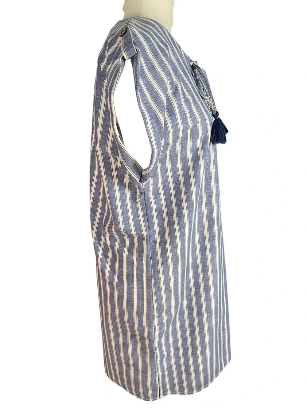 Love Tree Blue White Striped Lace-Up Tunic Dress Sz L Lightweight Cotton Blend